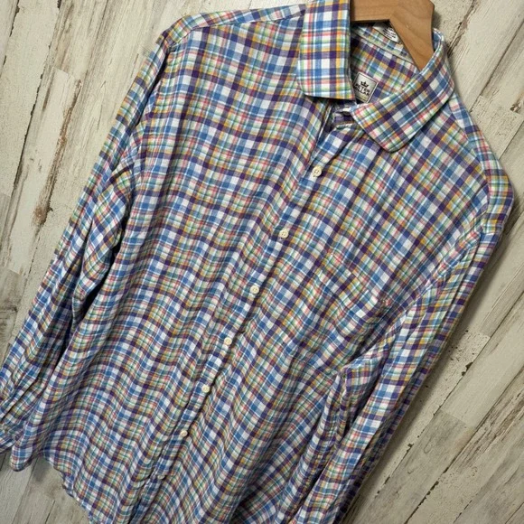 Peter Millar Crown Crafted Plaid Pastel 100% Linen Button Up Shirt Mens Size L‎