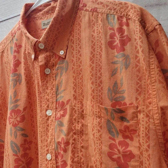RuffHewn Mens Orange Tropical Hibiscus Floral Tribal Print Button Down Shirt L