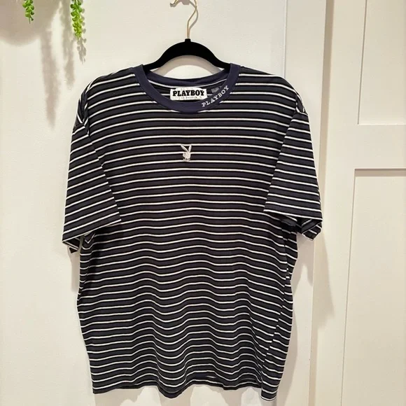 Playboy by Pacsun Metallic Bunny Men's Striped Crewneck T-shirt 100% cotton L