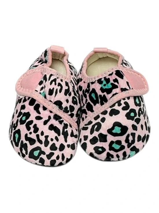 Kids Pink Leopard Print Soft Crib Shoes with Teal Accents