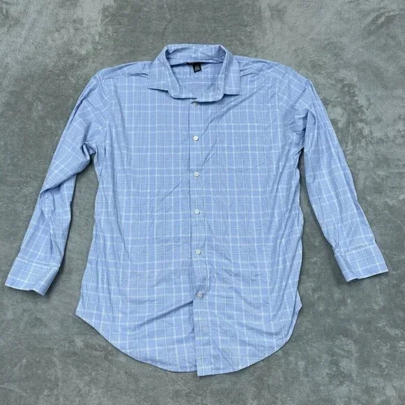 Kirkland Signature Mens Blue Plaid Long Sleeve Dress Shirt L a1034