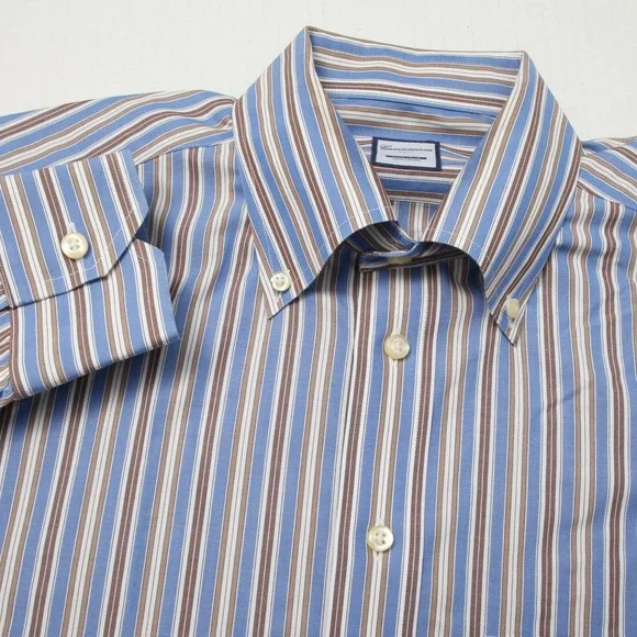 Camicissima Shirt Mens 16 34 Blue Brown Striped Slim Fit Non Iron Pocket