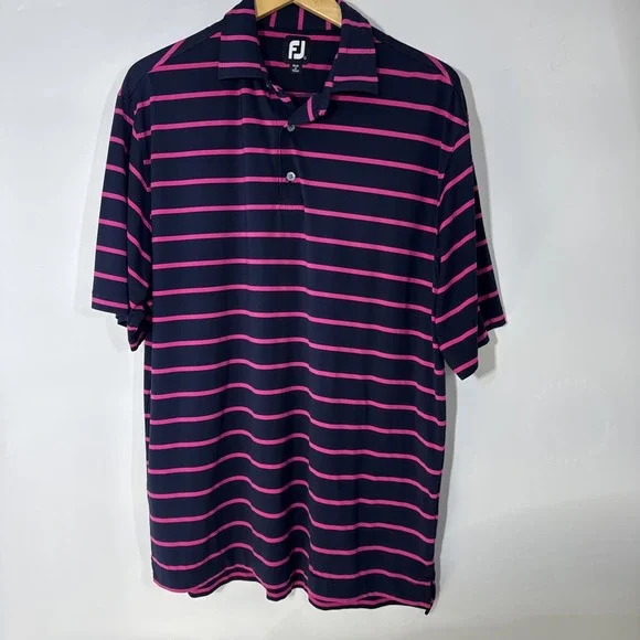 FootJoy Mens Large ProDry Golf Polo Shirt Navy Pink Striped Honeybrook Golf Club