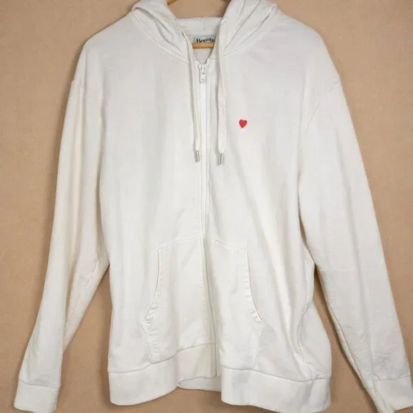 Brosbi White Zip Hoodie Icon Heart Minimalist Streetwear XXL Cotton French Terry