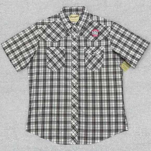 Wrangler Shirt Men's 3XL Brown White Plaid Pearl Snap Short Sleeve Cowboy NWT