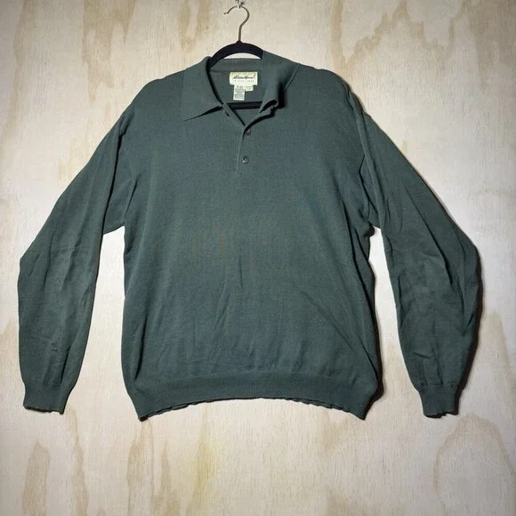 Eddie Bauer Mens Long‎ Sleeve Polo Shirt Large Green 100% Cotton Vintage