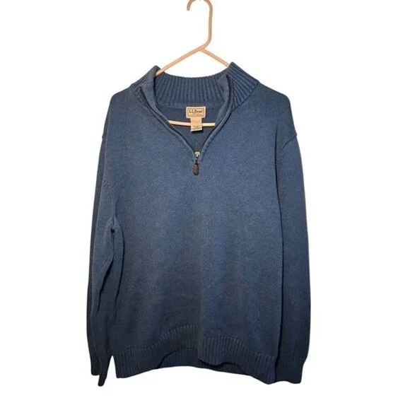 LL Bean Sweater Men's L Quarter Zip Pullover Knit Blue Mock neck