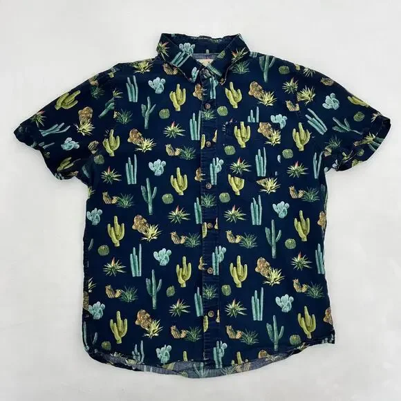 Hollister Mens M Button Down Shirt Blue Cactus Print Short Sleeve Pocket Outdoor