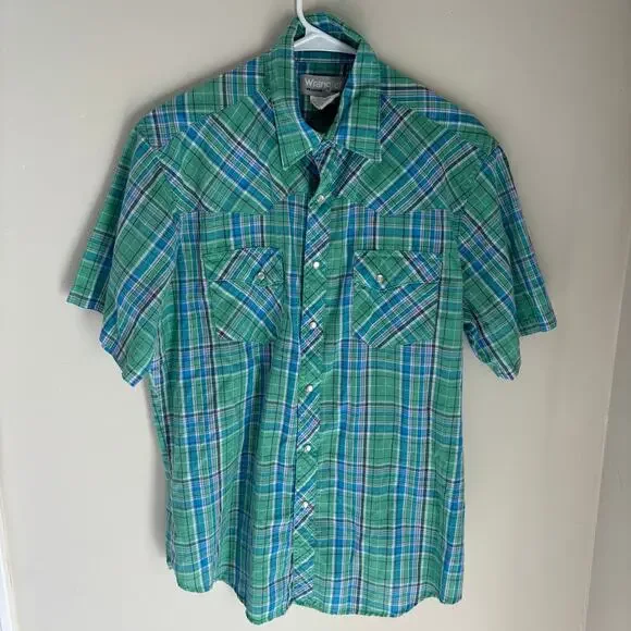 Wrangler Men's Wrancher Shirt Blue Green Plaid Pearl Snap Western Cowboy Sz L