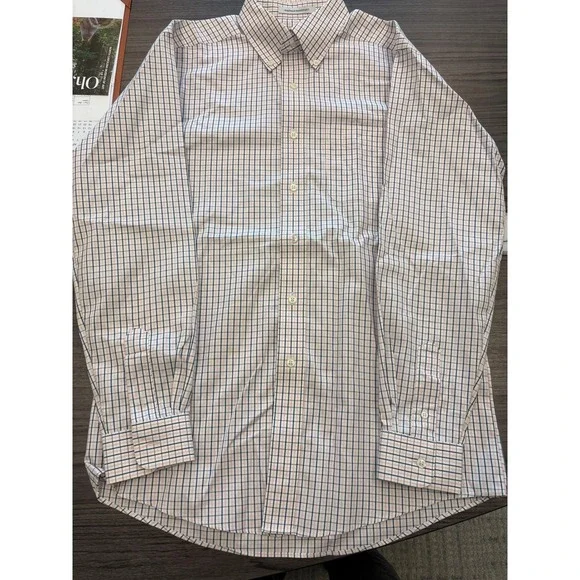 LL Bean Wrinkle Resistant Shirt 15.5-35 Pink Blue Check Plaid Cotton Button Down