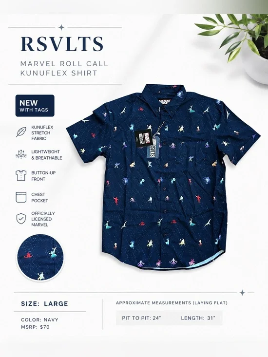 RSVLTS x Marvel Roll Call KUNUFLEX Button Up Shirt – Large – NWT