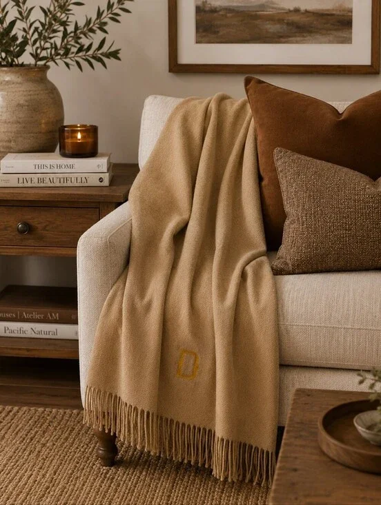 Alpaca Throw Blanket Fringe Tan Monogram D Luxury Soft Warm