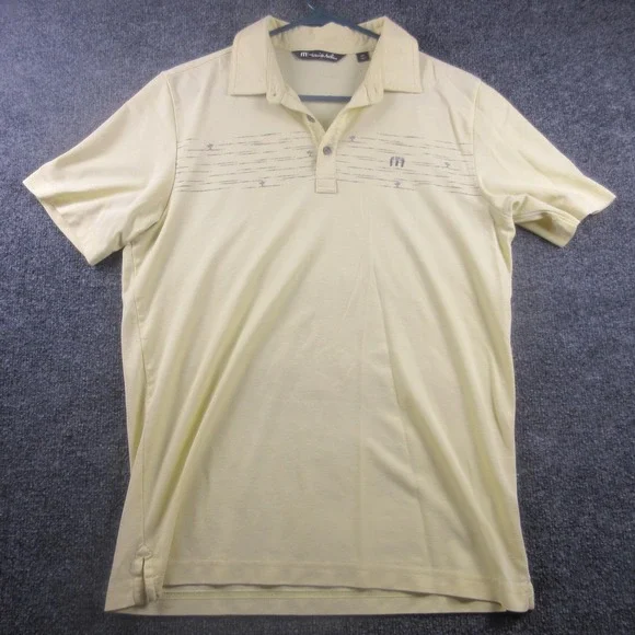 TravisMathew Polo Shirt Mens Medium Yellow Palm Tree‎ Chest Stripe Pima Golf
