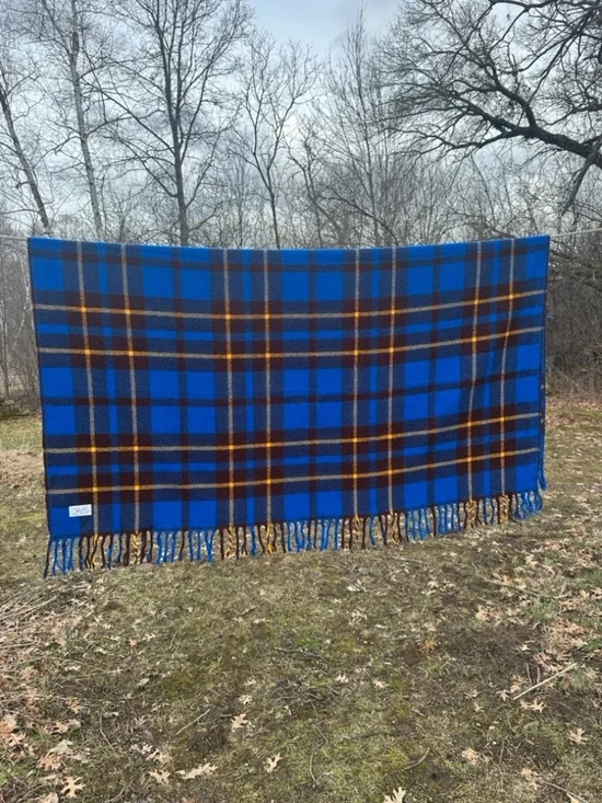 Vintage Faribo Blue Plaid Wool Camp Stadium Blanket Fringe Throw Cabin Lodge USA
