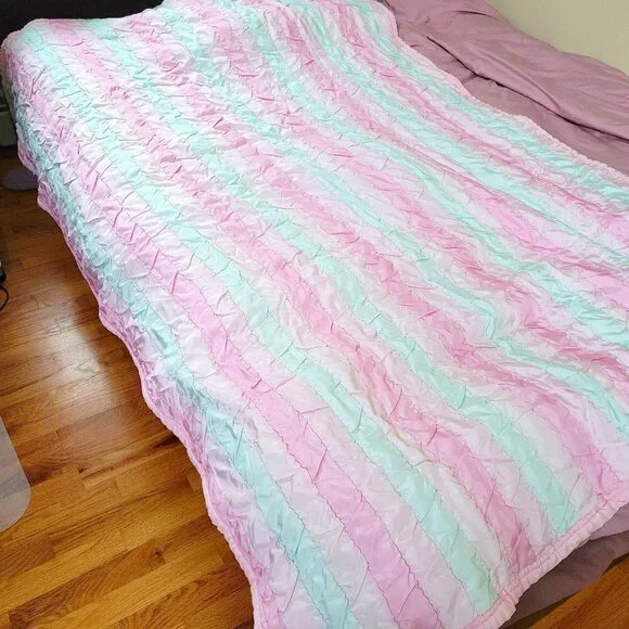 Striped Silky Smooth Shiny Texture Light Weight Long Pastel Color Block Blanket