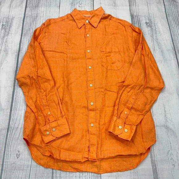 Tommy Bahama Button Shirt Small Orange Linen Mens Beach‎ Casual