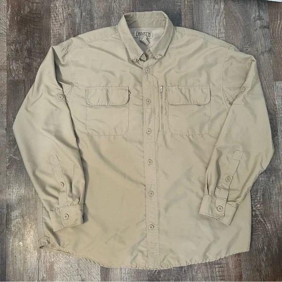 Duluth Trading Shirt Mens XL Tan Dry On The Fly Hybrid Hiking Snap