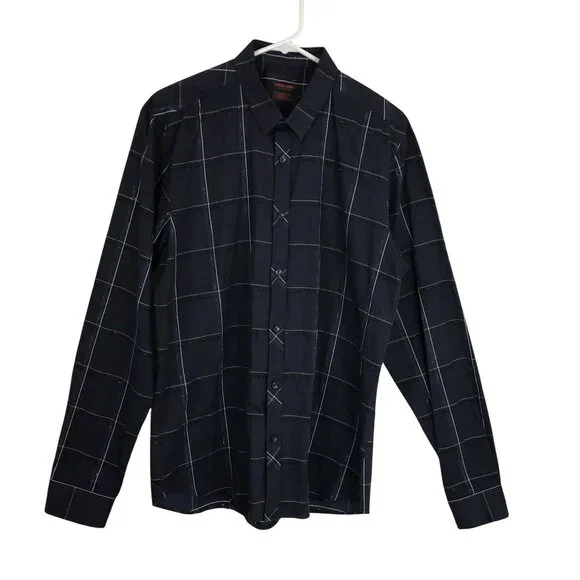 Jared Lang After Hours Dress Shirt Navy Windowpane Check Button Down Size L Mens