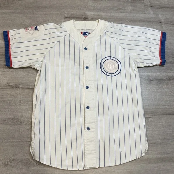 Vintage‎ Starter Chicago Cubs MLB Button Up Pinstripe Jersey Shirt Size Large