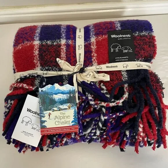 Woolnest The Alpine Chalet Plaid Wool Throw Blanket Portugal‎ Blue Red Plaid NEW