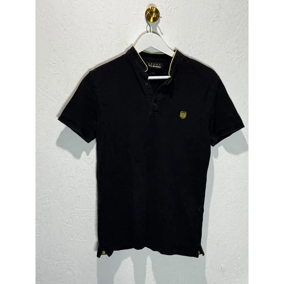 The Kooples Sport Mens Black Fitted Mandarin Collar Polo Shirt Yellow Trim Small