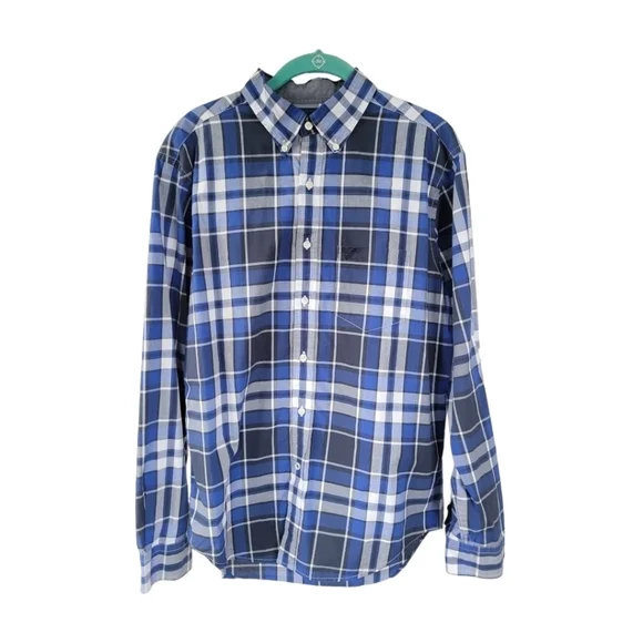 American Eagle Plaid Button Down Shirt M Blue Classic Fit Preppy Academia‎