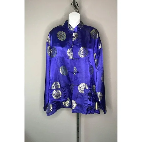 Mens Chinese Traditional Royal Blue Gold Silk Satin Tang‎ Suit Jacket Size XXL