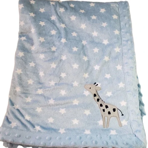 Carters Child Of Mine Blue White Stars Giraffe Velour Sherpa Baby Blanket 30x40
