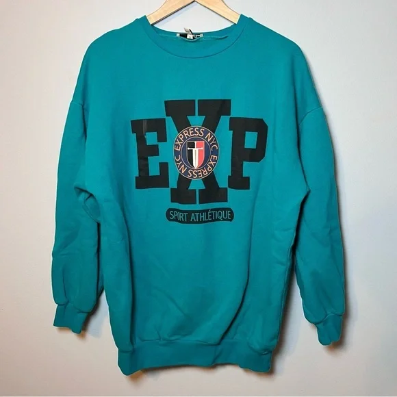 Express One Eleven Crewneck Men’s XS Oversized Teal Graphic Retro Sweatshirt