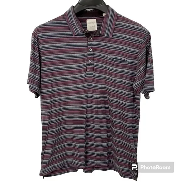 Billy Reid men's XXL red, grey &‎ blue striped short sleeve polo shirt.  EUC
