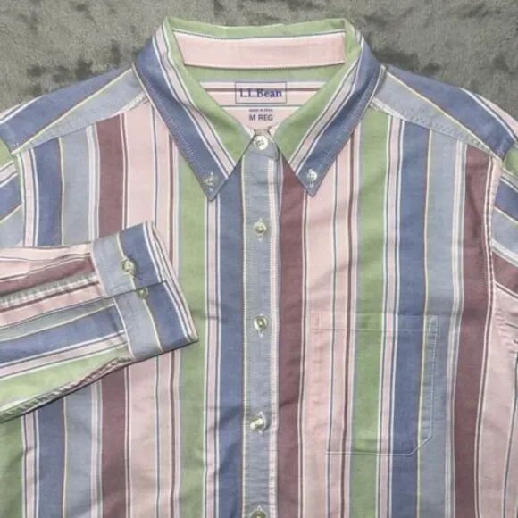 LL Bean Mens Med Reg Pastel Multicolor Stripe Long Sleeve Button Shirt‎ EUC