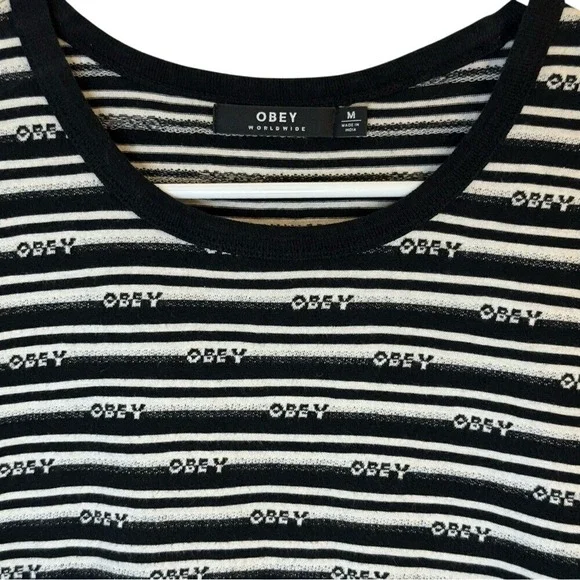 Obey Striped Logo Tee Black White Y2K Streetwear‎ Skatercore 90s Hype Graphic M