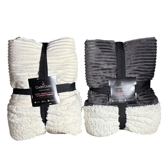 His & Her Cuddl Duds Cozy Plush Sherpa Throw Blanket: Gray & Ivory 50
