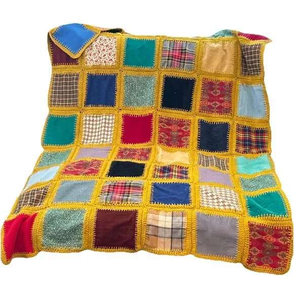 Vintage Handmade‎ Patchwork Crochet Blanket Throw Afghan Multi Color Square Knit