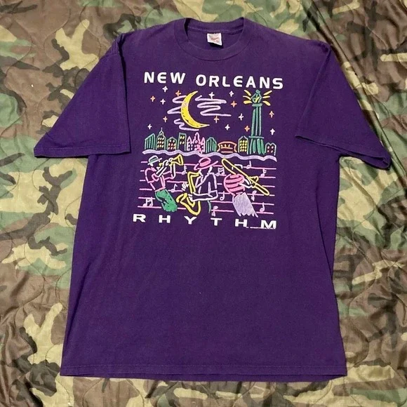 New‎ Orleans Rhythm 90s jazz purple tee Jerzees USA cotton XL/21.5