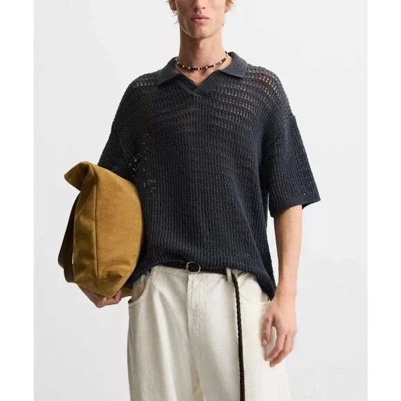 ZARA Man Knit Polo Shirt With Openwork Stitch - Navy Blue - Large Lagenlook Boho