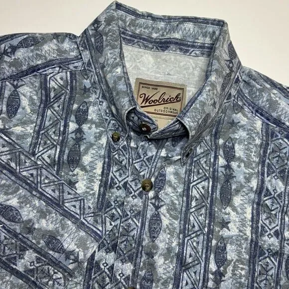 VTG Woolrich‎ Fishing Shirt Mens M Fish All Over Print Hiking Nature outdoors
