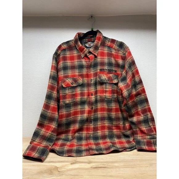 Harley Davidson Mens Long Sleeve Plaid Shirt Button Down Size: L 100% Cotton