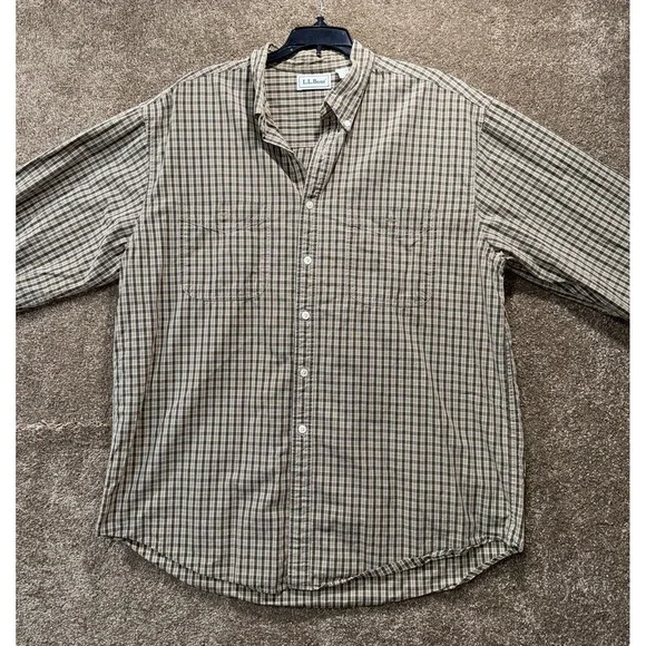 Men's LL Bean Button Down Long Sleeve Short - Large Reg - Brown Beige‎ Plaid