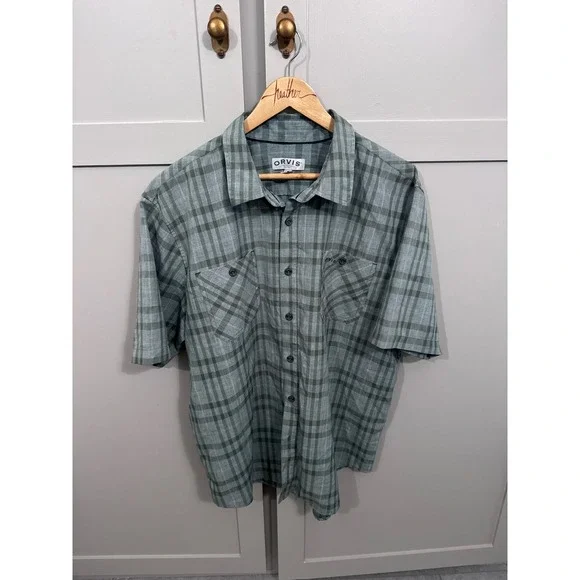 Orvis Classic Collection Mens XL Green Plaid Short Sleeve Button Down Shirt