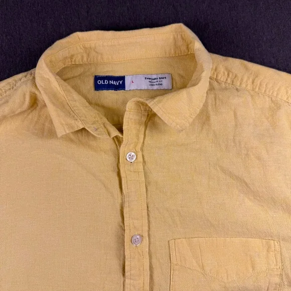 Old Navy Mens Everyday Shirt‎ Regular Fit Linen Blend Short Sleeve Yellow Large