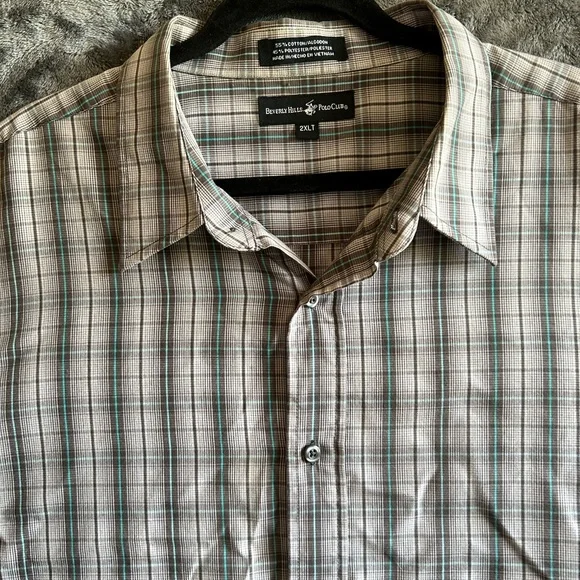 Beverly Hills Polo Club Shirt‎ Mens 2XLT Tall Gray Blue Plaid Classic Dadcore
