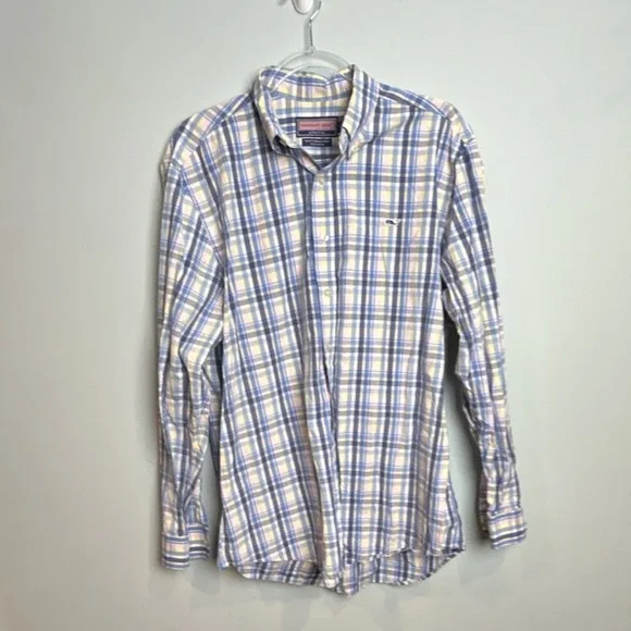 Vineyard Vines Plaid‎ Button-Down Shirt Men's L Blue Yellow Cotton Slim Fit