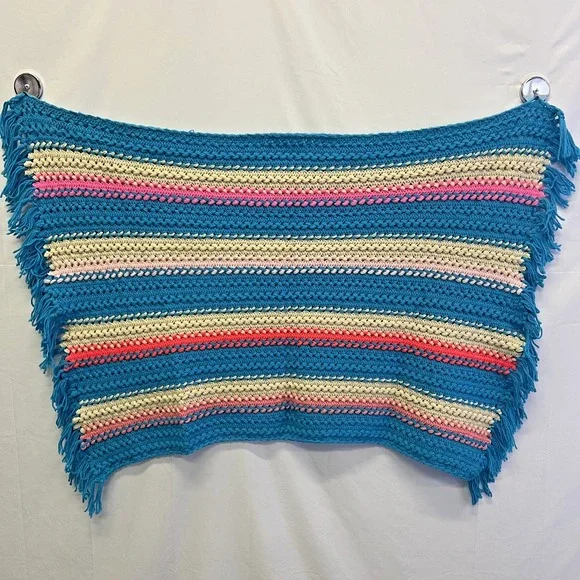Vtg Afghan Crochet Blanket Handmade Fringed Throw 50x29 Baby Blue Pink Cream