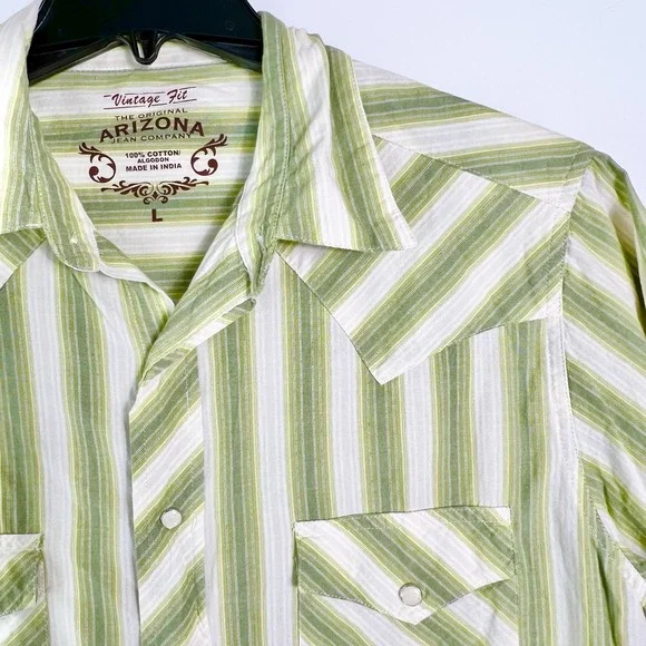 Arizona‎ Mens Size L Green White Stripe Vintage Fit Short Sleeve Pearl Snaps
