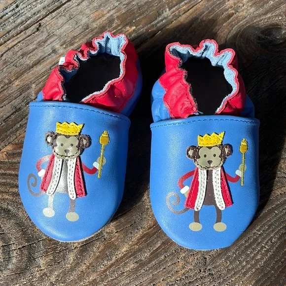 Robeez‎ monkey prince infant soft leather booties EUC size 0-6months