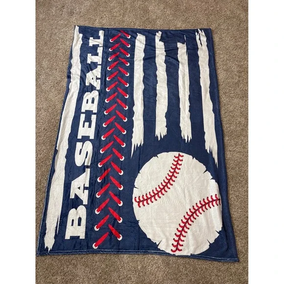 Baseball Fleece Throw Blanket Navy Blue Red White Sports Kids Bedding Plush 5X3