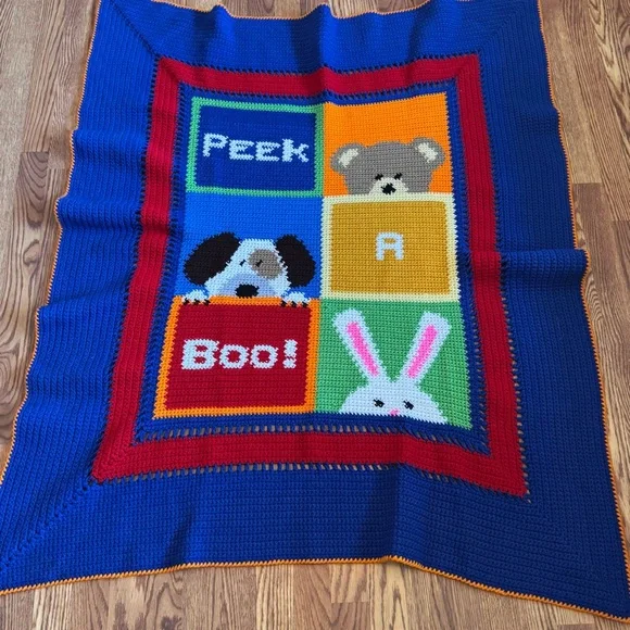 Handmade Crochet Peek A Boo Baby‎ Blanket Blue Teddy Bear Dog Bunny Child