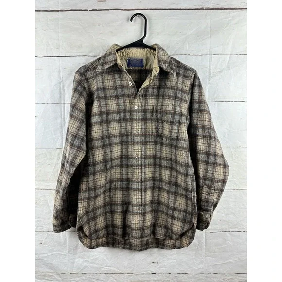 Pendleton Wool Flannel Shirt Men's M Tan Brown Plaid Heavyweight *FLAWS Read