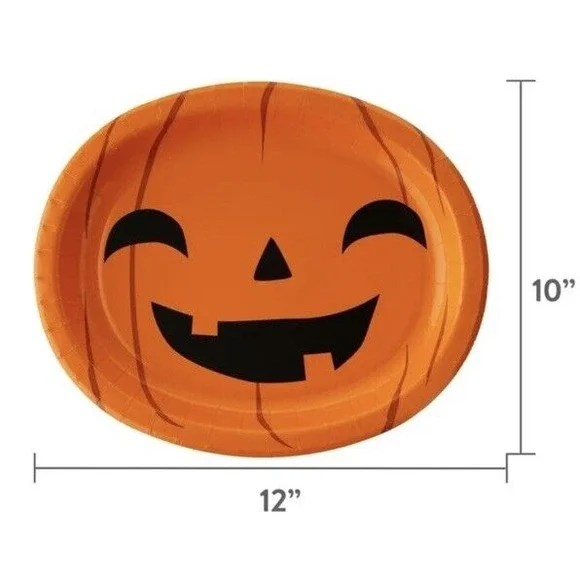 Pack of 8 Jack O Lantern Halloween Pumpkin Large Oval Paper Party Plates 10